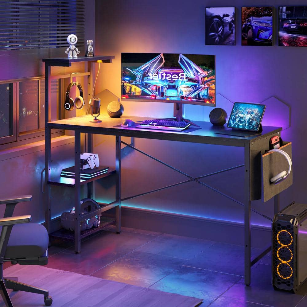 Bestier 51 in. Computer Desk with LED Lights Gaming Desk, 4 Tier ...