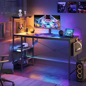 51 in. Computer Desk with LED Lights Gaming Desk, 4 Tier Shelves Black Grained