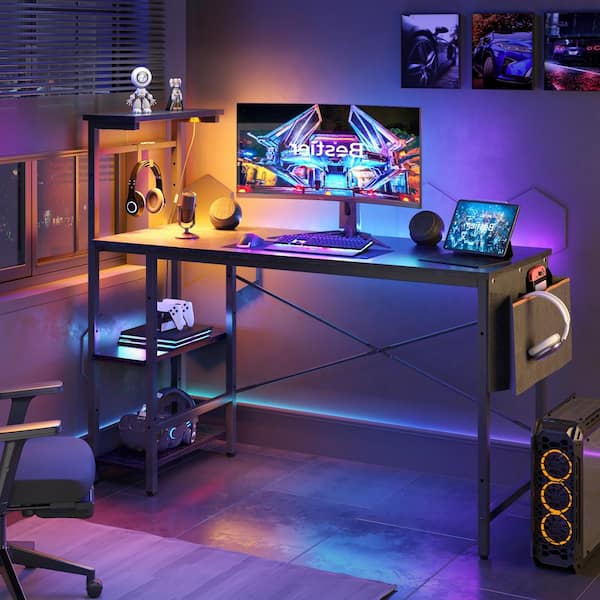 Bestier 51 in. Computer Desk with LED Lights Gaming Desk, 4 Tier Shelves Black Grained