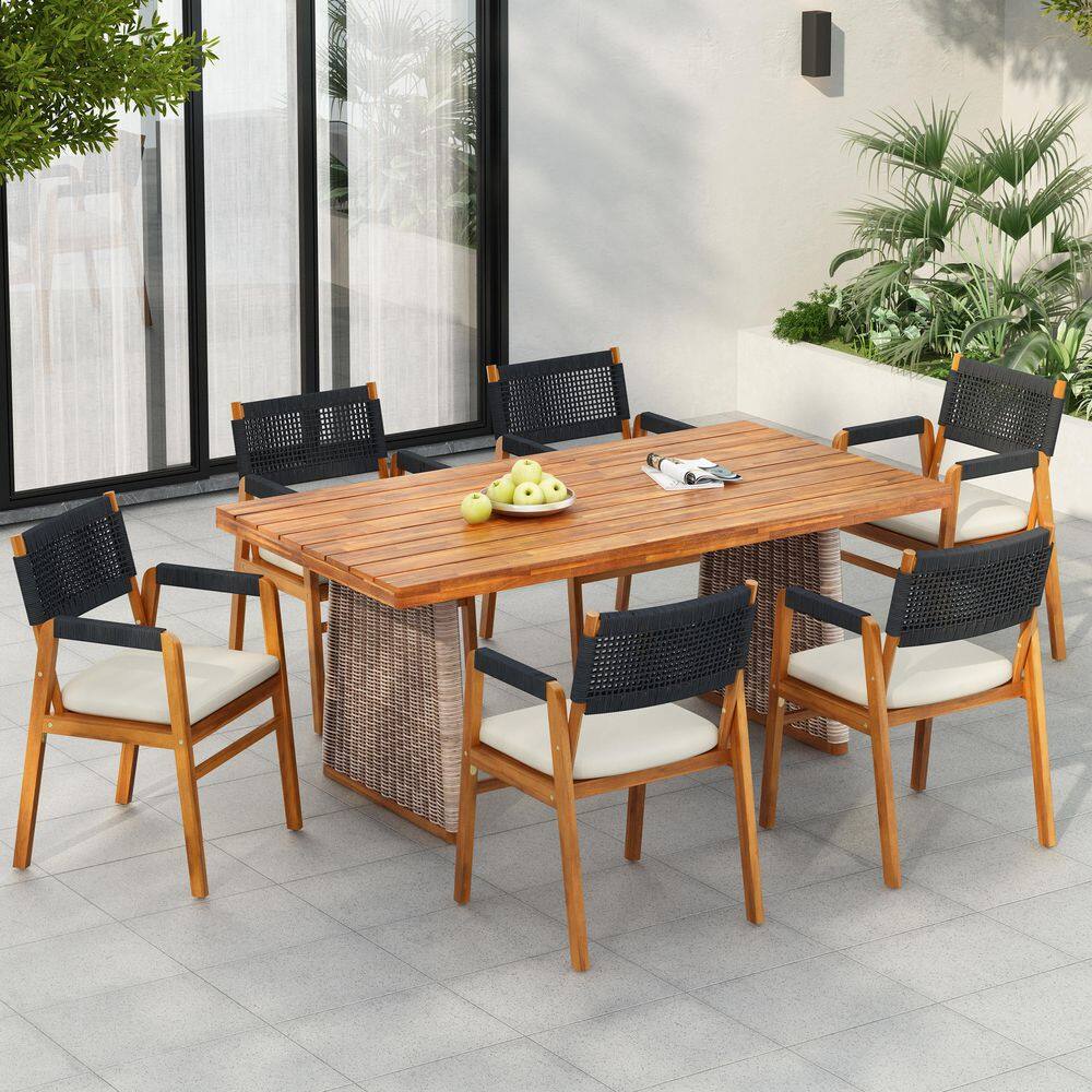 Juvell Bohemia Teak Finish 7-Piece Wood and Rope and Wicker Woven Outdoor Dining Set with Beige Cushion, Black + Brown
