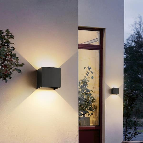 2-Light Matte Black Aluminum Cube LED Outdoor Wall Sconce with Adjustable Light Beam (2-Pack)