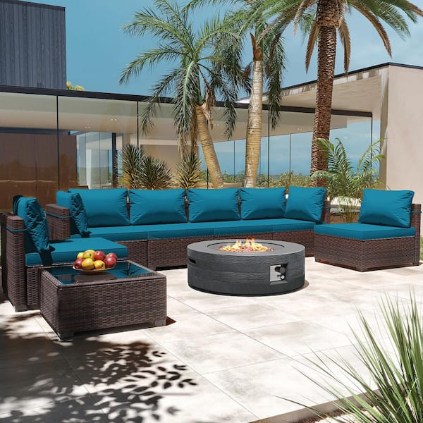 PATIO WATCHER 8-Piece Wicker Patio Conversation Set with Cushions and 42 in. Outdoor Round Fire Pit Table, Lake Blue Cushions