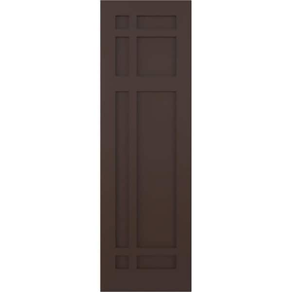 Ekena Millwork 12 in. x 34 in. Flat Panel True Fit PVC San Juan Capistrano Mission Style Fixed Mount Shutters Pair in Raisin Brown