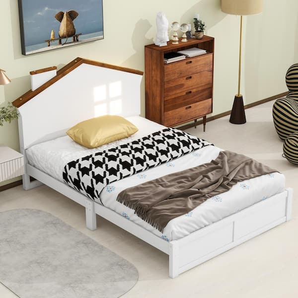 Harper & Bright Designs Walnut and White Wood Twin Platform Bed with House-Shaped Headboard, LED Lights, Chimney and Window Design