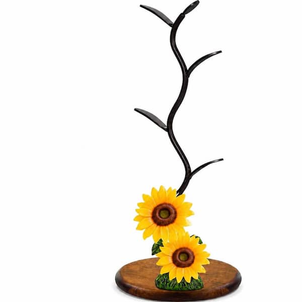 Sunflower Coffee Mug Tree with Wooden Base and 3D Yellow Floral Accents Holds 4 Large Cups 7.1 x 7.1 x