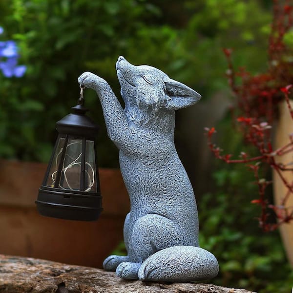 4 in. x 8 in. Gray Resin Fox Garden Statue with Solar Power Light