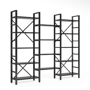 Earlimart 70.9 Black Wood Triple Wide 5-Shelf Bookcase, Industrial Etagere Large Open Bookshelf for Display