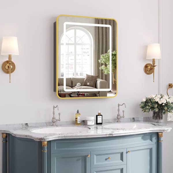 24 in. W x 30 in. H Bright Rectangular Gold Wall Mount LED Lighted Medicine Cabinet with Mirror