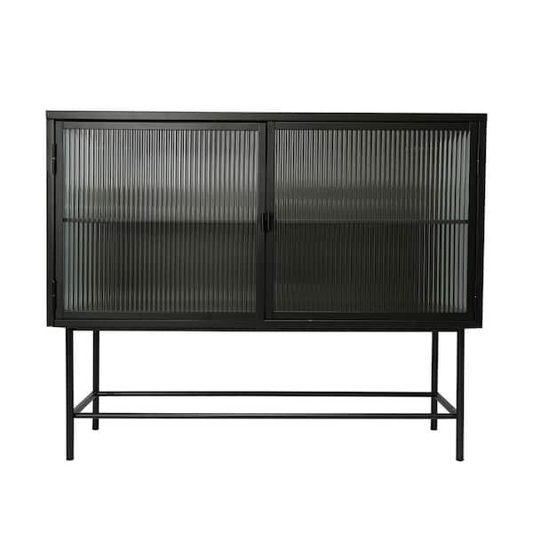 Z-joyee Retro Style Black Glass Sideboard Storage Cabinet