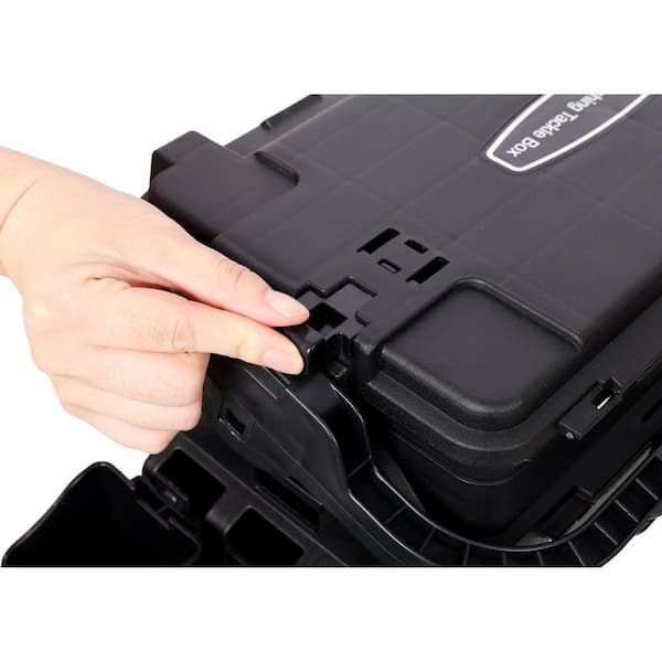 Damodpoy 9 in. W Black Plastic Portable Dual-layer Fishing Tackle Tool Box with Rod Holder, Cup Holder and Carring Strap Damodpoy 9 in. W Black Plastic Portable Dual-layer Fishing Tackle Tool Box with Rod Holder, Cup Holder and Carring Strap