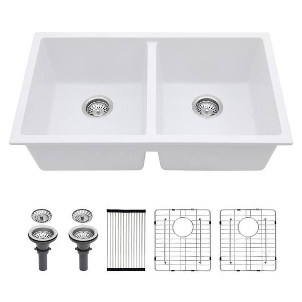 33 in. Drop-In 50/50 Double Bowl 16 Gauge White Quartz Kitchen Sink and Bottom Grids