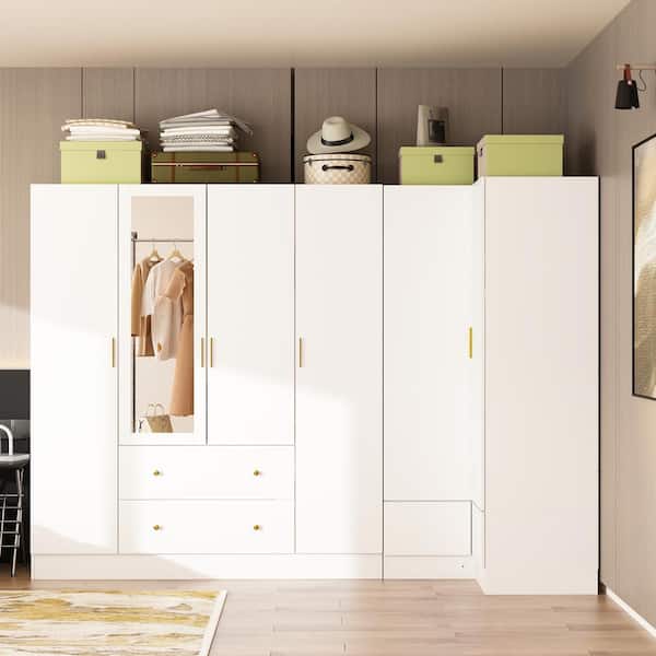FUFU&GAGA White Wood 98.4 in. W 6-Door Corner Wardrobe