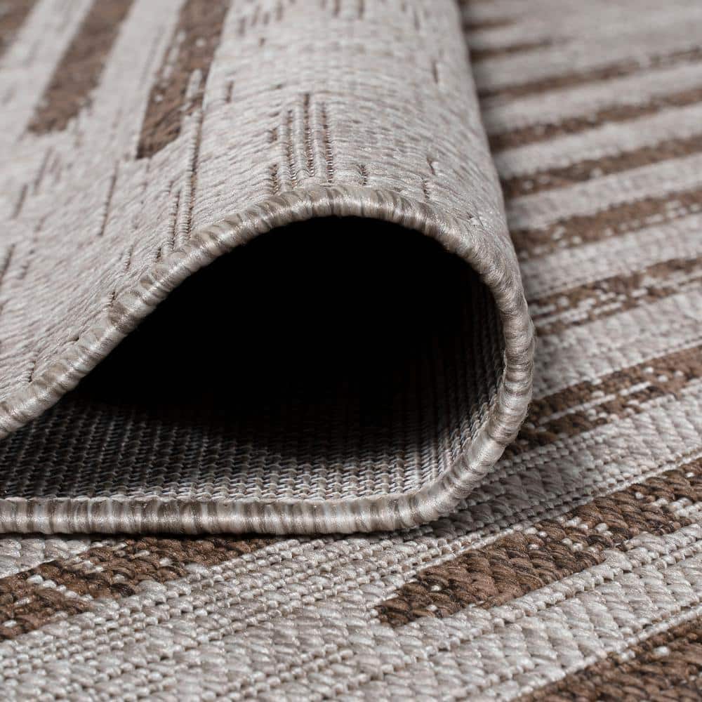 Beige and Brown Stripe Synthetic Indoor/Outdoor Area Rug