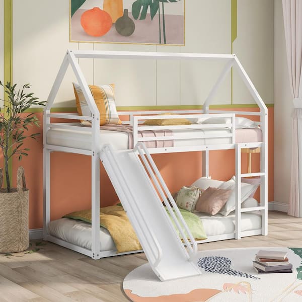 White Twin over Twin Playhouse Bunk Bed with Ladder and Slide(76.5''L x 40.5''W x 71''H)