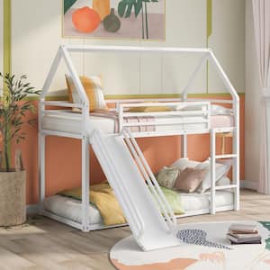 White Twin over Twin Playhouse Bunk Bed with Ladder and Slide(76.5''L x 40.5''W x 71''H)