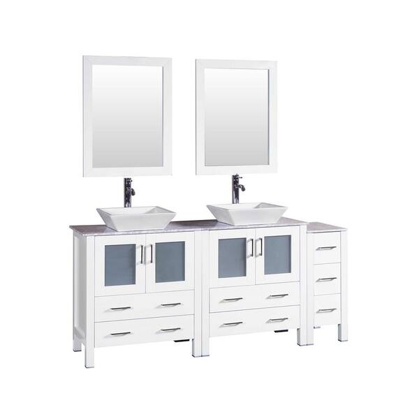 Bosconi 72 in. W Double Bath Vanity in White with Carrara Marble Vanity Top with White Basin and Mirror