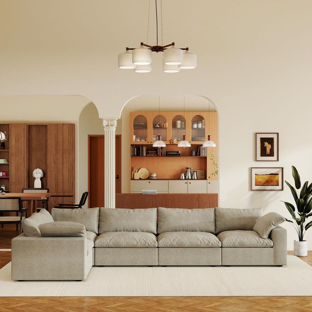 Lawson 118 in. Square Arm Microfiber V-Shaped Modular Sofa Corner Cloud Couch with Deep Seats, Washable Covers in Khaki