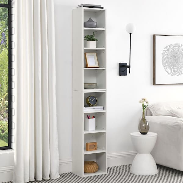 8-Shelf White Media Storage Tower, Adjustable MDF Bookcase for CDs and DVDs and Books