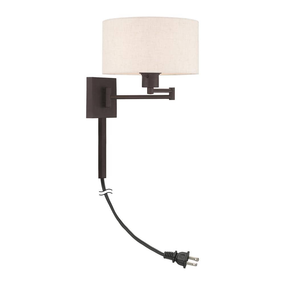 Bronze Swing Arm Wall Lamp with Oatmeal Shade