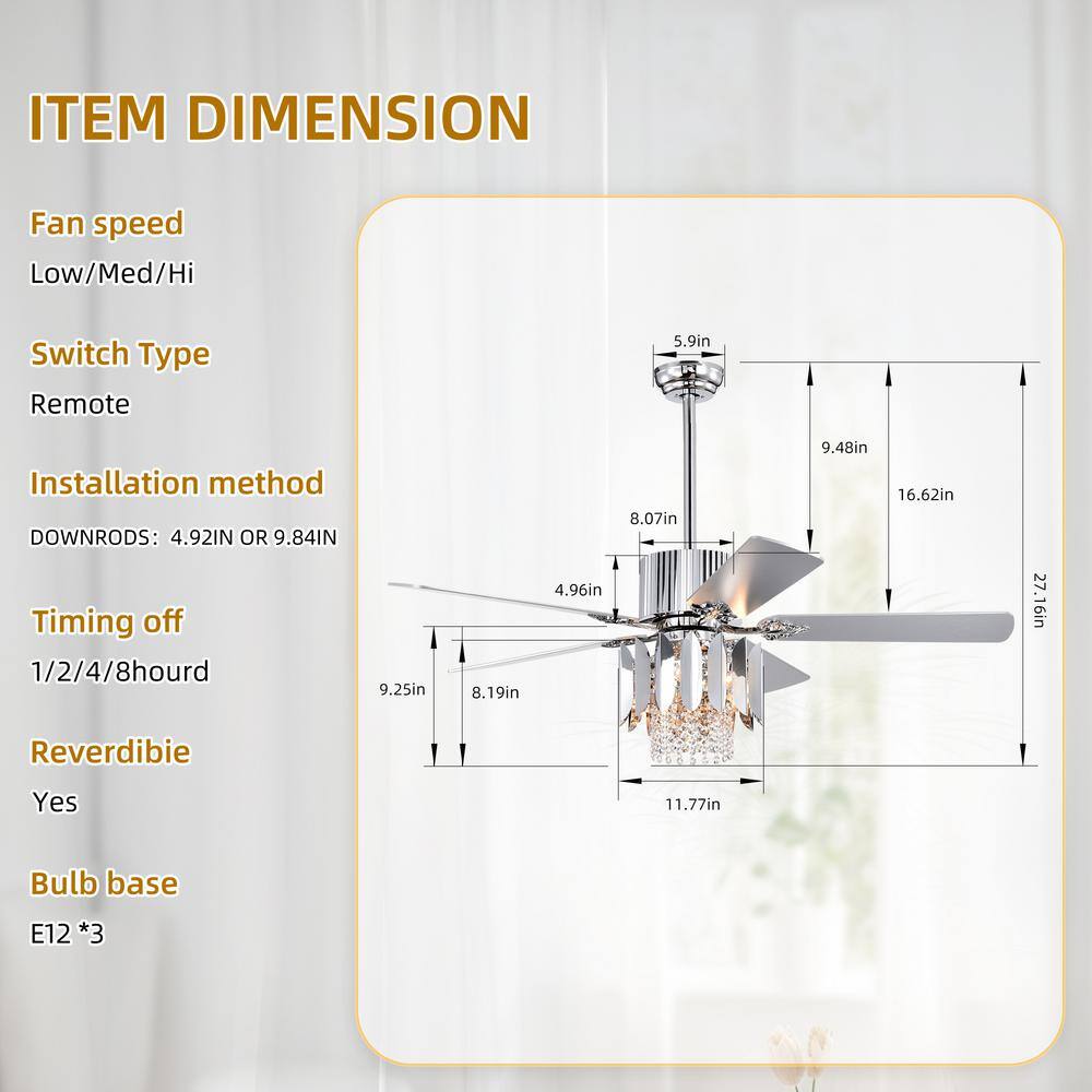 52" Chrome Crystal Ceiling Fan with Reversible Blades and Remote