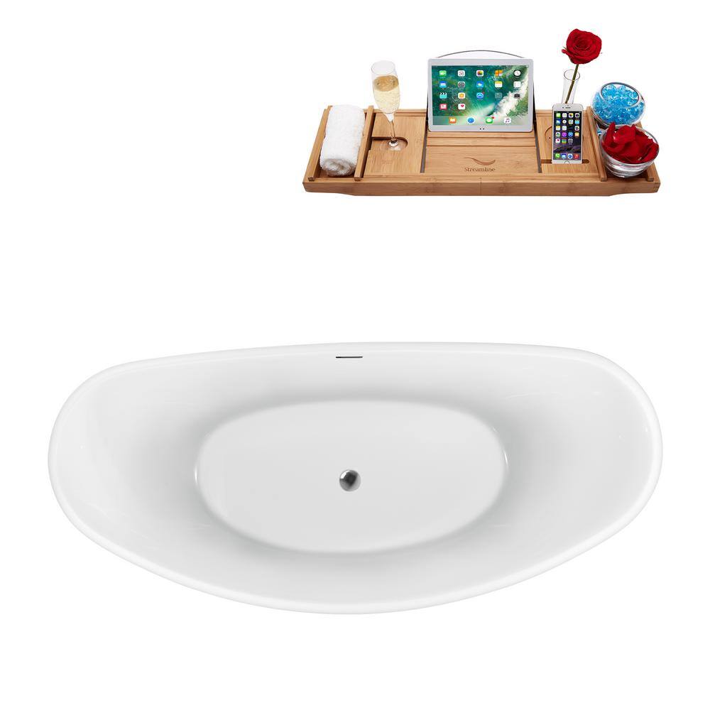 63'' White Acrylic Freestanding Bathtub with Bamboo Tray