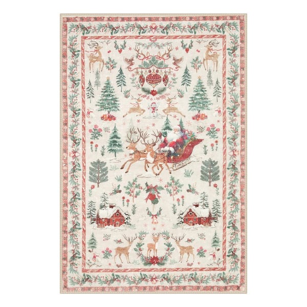 2 ft. x 3 ft. Beige Holiday Woodland Washable Area Rug