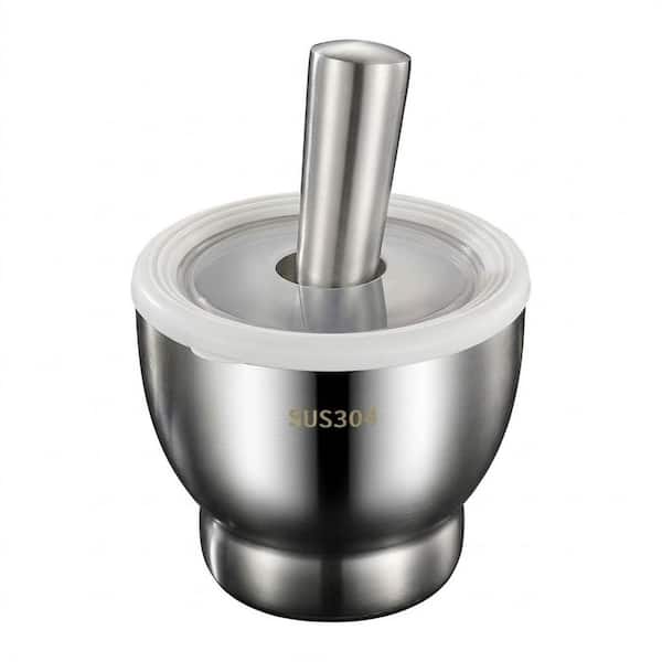 Stainless Steel Polished Finish Mortar and Pestle Set with Lid Heavy Duty Manual Spice Grinder for Kitchen Herbs