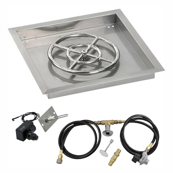 American Fire Glass 18 in. sq. Stainless Steel Drop-In Pan with Spark Ignition Kit (12 in. Fire Pit Ring) Propane