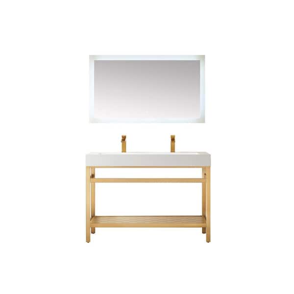 ROSWELL Soria 48 in. W x 20 in. D x 34 in. H Single Sink Bath Vanity in Brushed Gold with White Composite Stone Top and Mirror