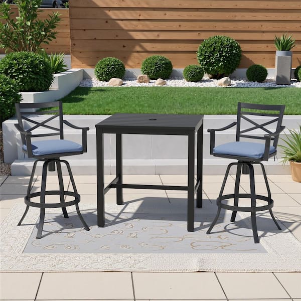 3-Piece Square Aluminum Outdoor Dining Set with 35.4 in. Table and Bar Stool with Sunbrella Blue Cushion