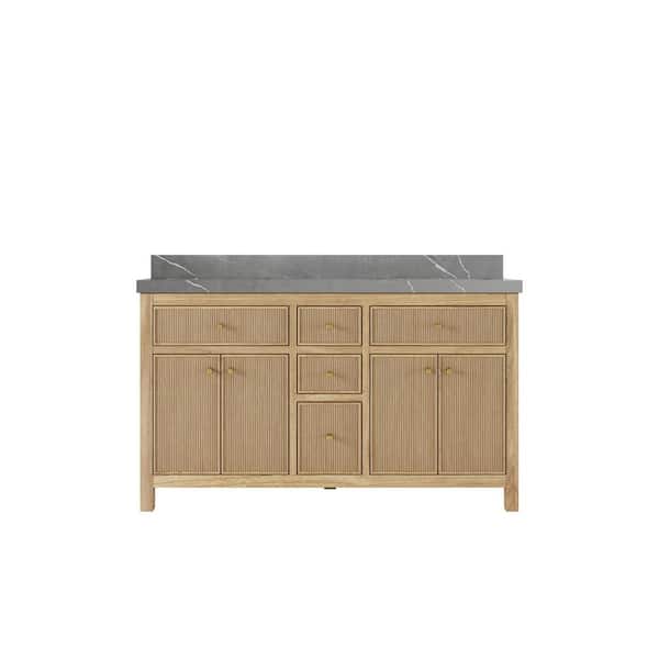 Willow Collections Sonoma Teak 60 in. W x 22 in. D x 36 in. H Double Sink Bath Vanity in Light Natural with 2 in. Piatra Gray Quartz Top