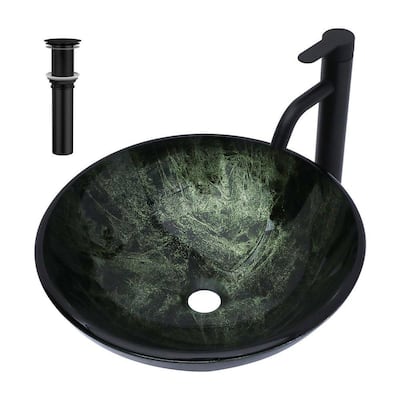 16-1/2 in Round Vessel Bathroom Sink in Black Green Glass with Black Pop-up Drain and Black Fauect
