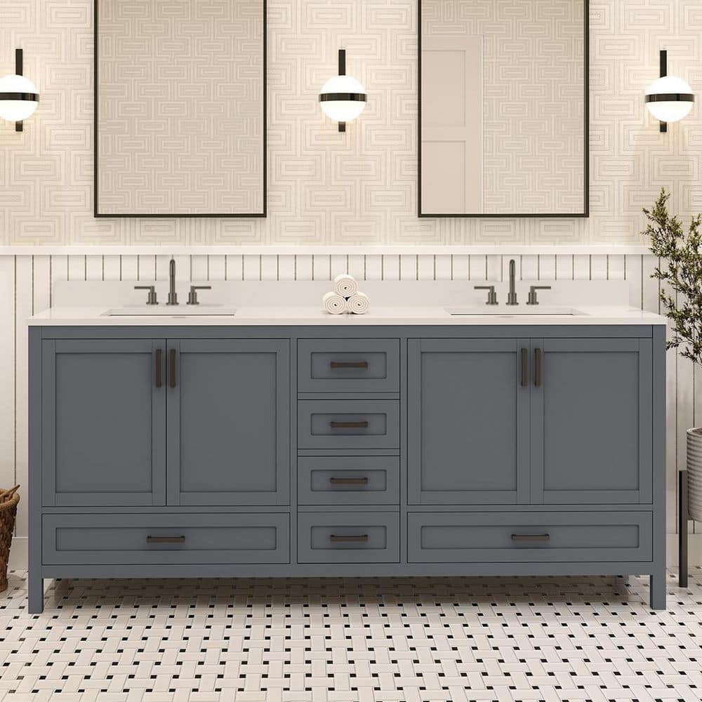 Rooh 72 in. Double Sink Freestanding Charcoal Grey Bath Vanity with White Quartz Top Assembled price history on PriceWatchPro