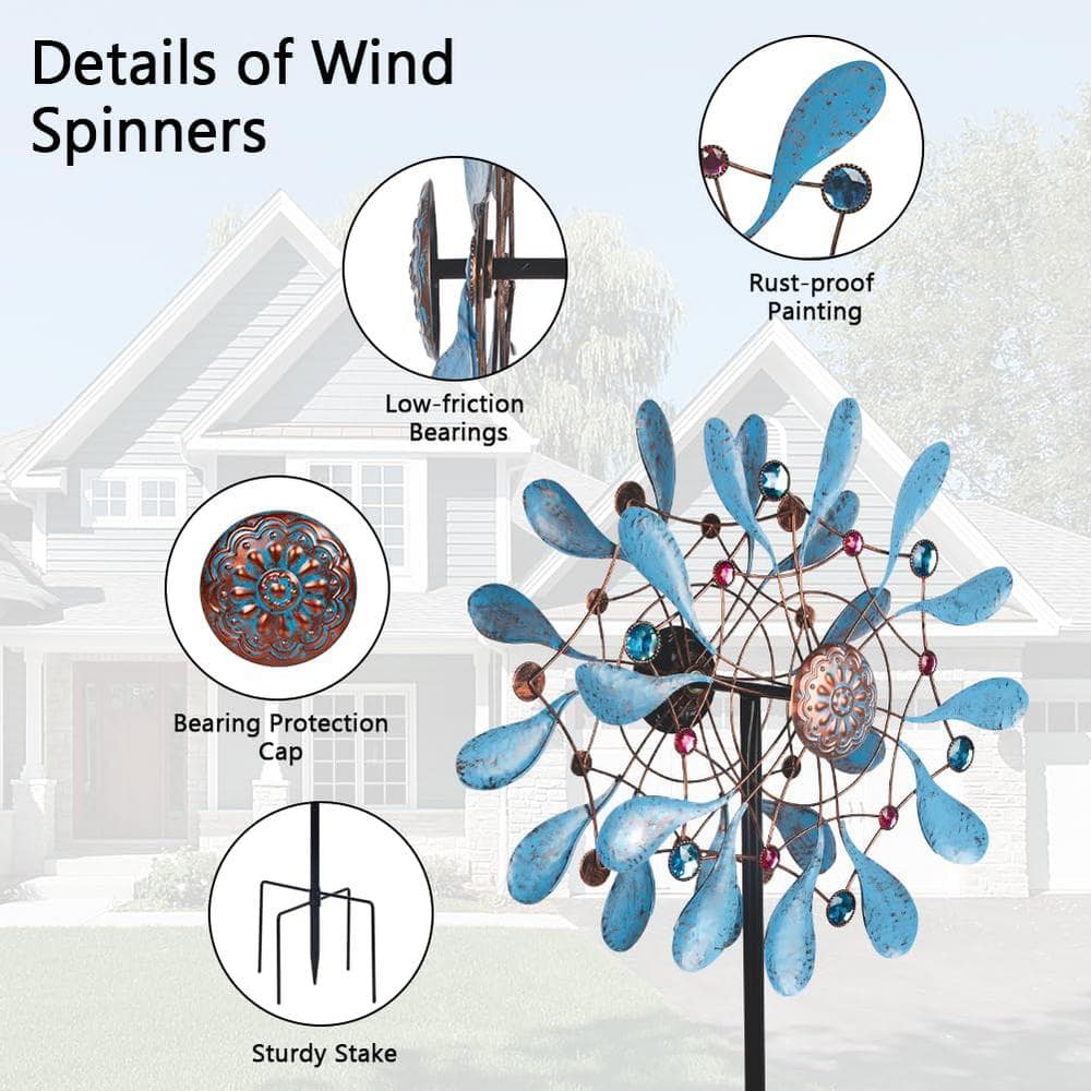 Large Blue Metal Kinetic Wind Spinner with Gem Accents
