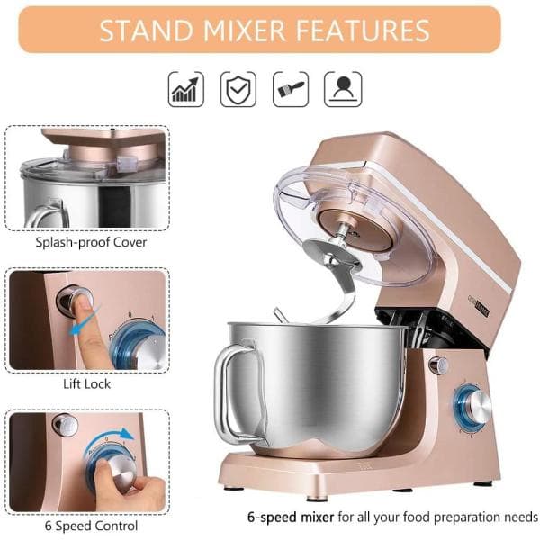 VIVOHOME 7.5 qt. 6-Speed Champagne Tilt-Head Electric Stand Mixer wiith Accessories and ETL Listed, Beige