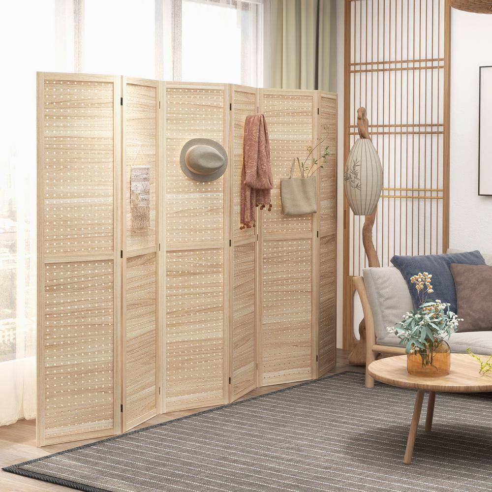 Natural Wood 6-Panel Folding Room Divider with Hook Holes