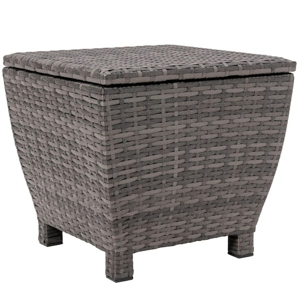Gray Small Deck Storage Box with Lid Wicker Outdoor Side Table, 13 Gal. Outdoor Hose Mat Towel Storage