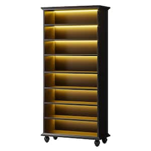 Lauren 68.9 in. H x 28.35 in. W Black Wood Shoe Storage Cabinet with LED Lighting, Wheels and Open Shelf, 8 Tiers