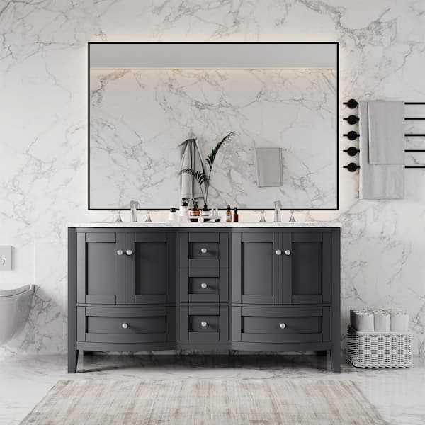 Eviva Stanton 60 in. W X 22 in. D X 34 in. H Bath Vanity in Dark Gray with White Carrara Marble Top