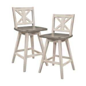Fenton 23 in. Distressed Gray and White Wood Swivel Counter Height Chair (X-Back) with Wood Seat (Set of 2)