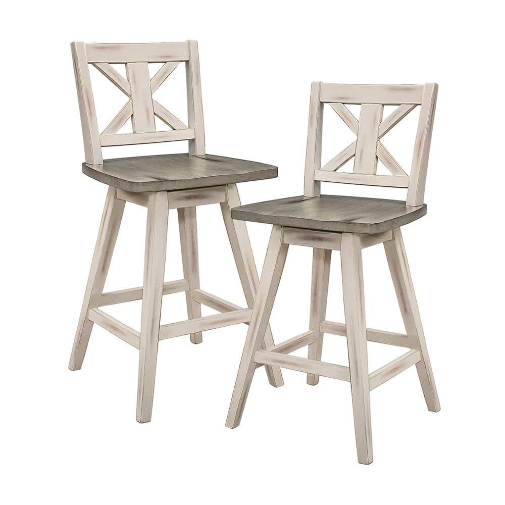 White and Gray Swivel Wood Counter Stools, 18" Wide