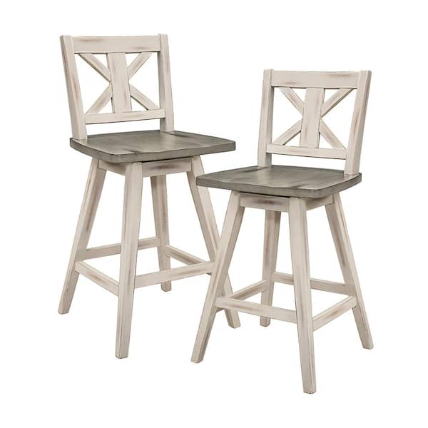 Lazzara Fenton 23 in. Distressed Gray and White Wood Swivel Counter Height Chair (X-Back) with Wood Seat (Set of 2)