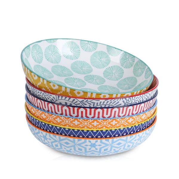 34 oz Wide Shallow Ceramic Pasta and Salad Bowls with Assorted Patterns, Set of 6, 8.6 Inch