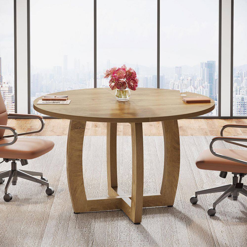 Capen 47.2 in. Round Oak Wood Conference Table Meeting Table Computer Desk With Adjustable Foot Pad
