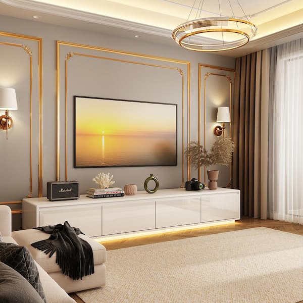 White Mirrored Finished TV Stand Entertainment Center Fits TV's Up to 70 in. with 4 Drawers for Living room Storage