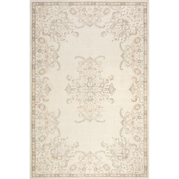 Princesa Medallion Wool Cotton Beige 5 ft. x 8 ft. Indoor/Outdoor Patio Area Rug