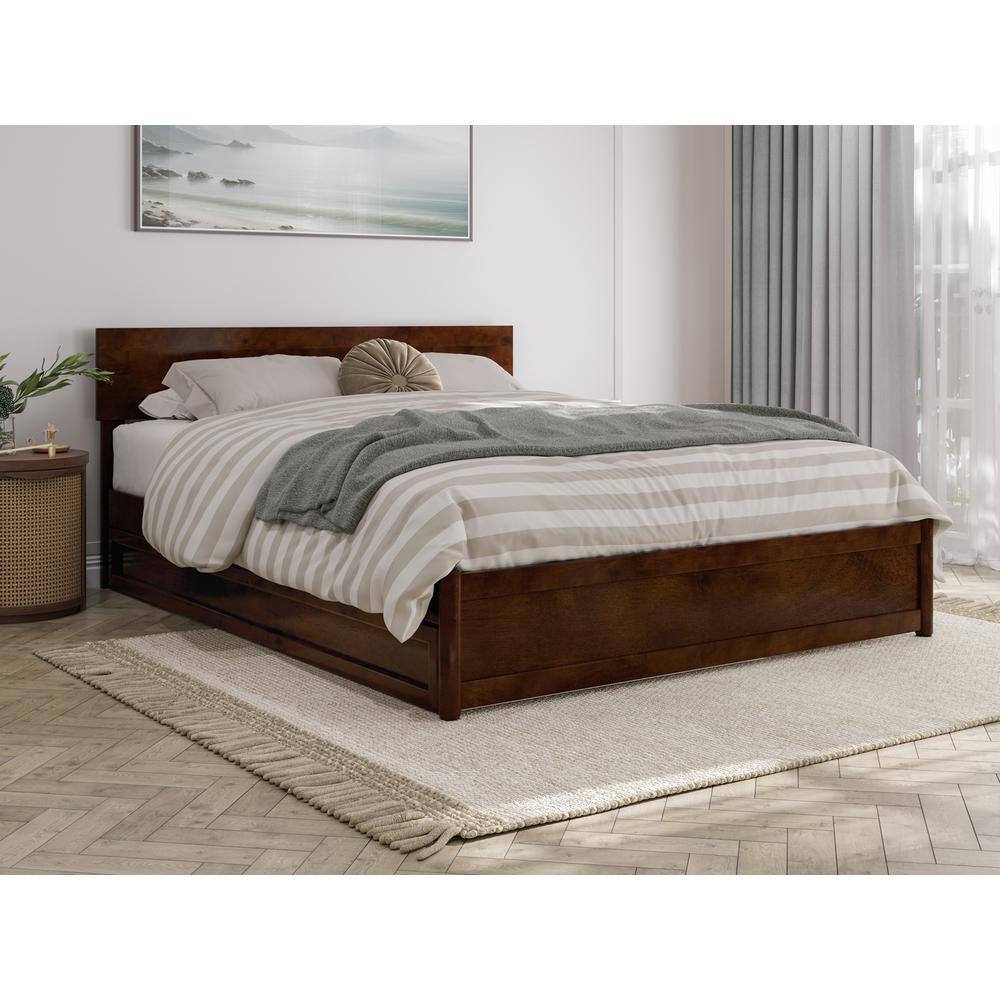 Walnut Queen Wood Platform Bed with Trundle and Headboard