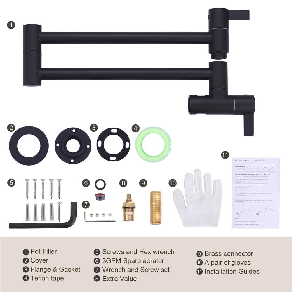 Matte Black Brass Wall-Mounted Pot Filler Faucet with Dual Handles