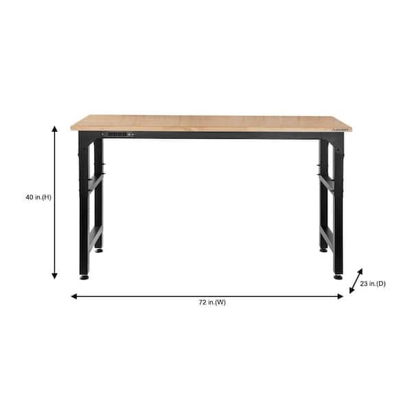 72 in. W x 23 in. D Adjustable Height Black Workbench, Solid Wood Top for Heavy Duty Welded Steel Garage Storage System