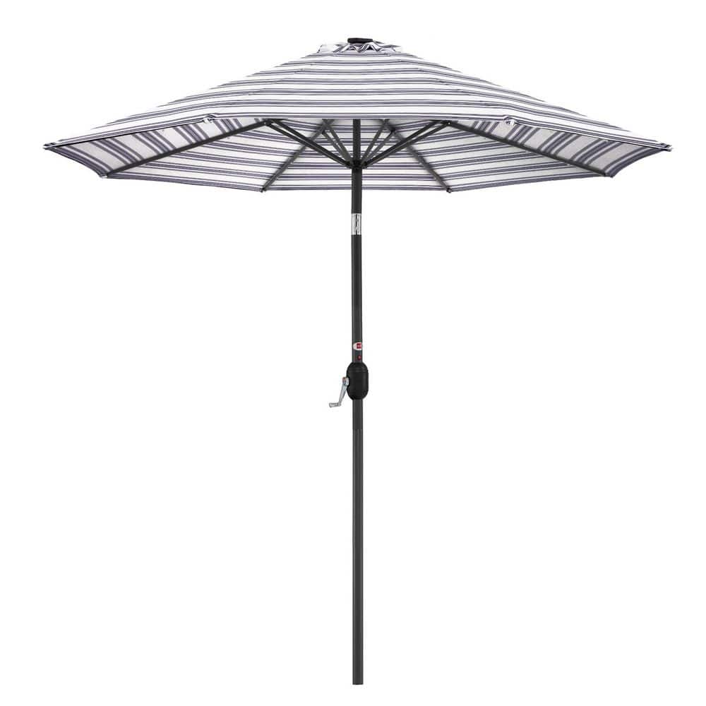 10 ft. Steel Market Solar Patio Umbrella in Striped Navy Blue with Push But